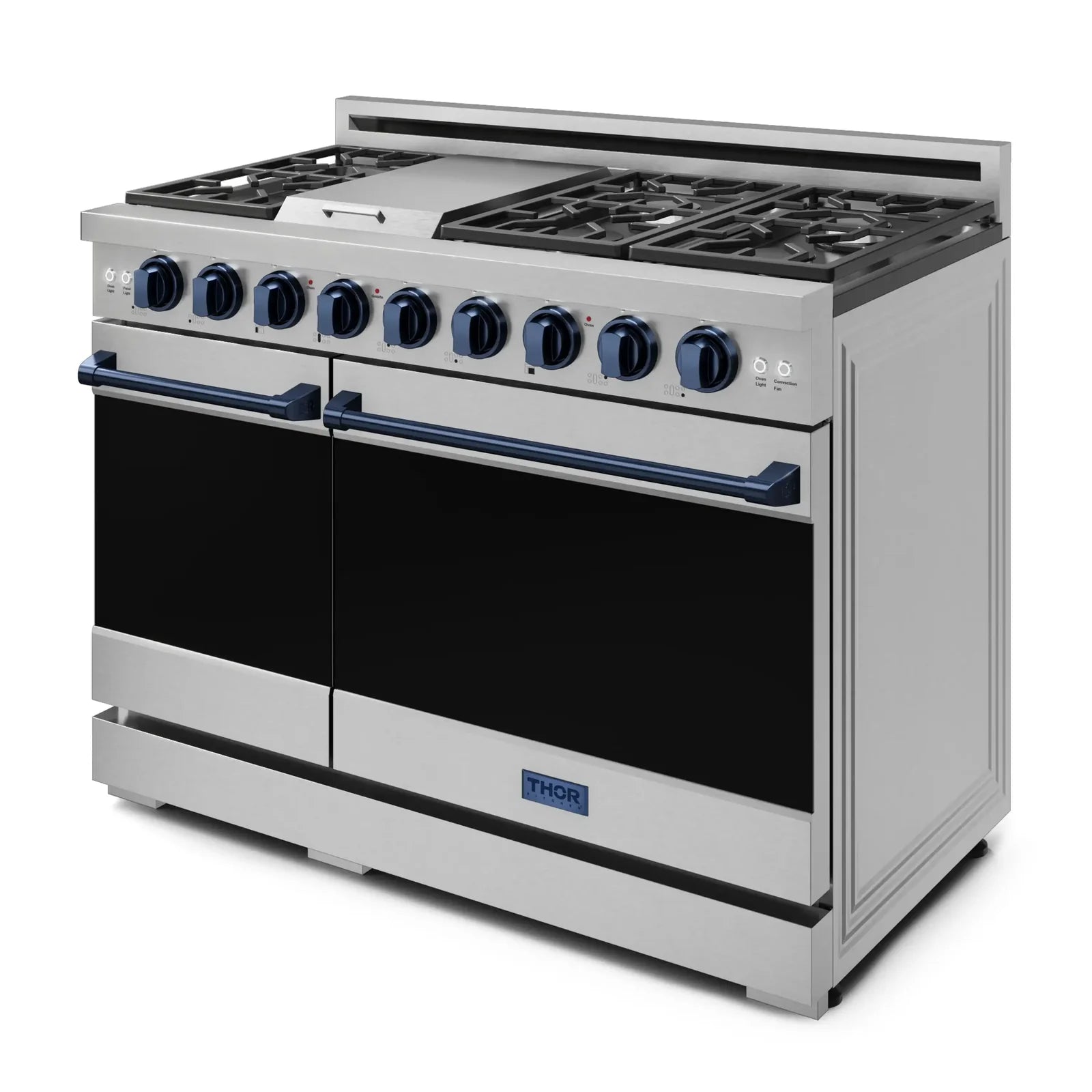 Thor Kitchen Gordon Ramsay Series 48-Inch Professional Liquid Propane/Gas Range with Double Oven in Stainless Steel with Blue Trim RSG48E-BLU/RSG48ELP-BLU