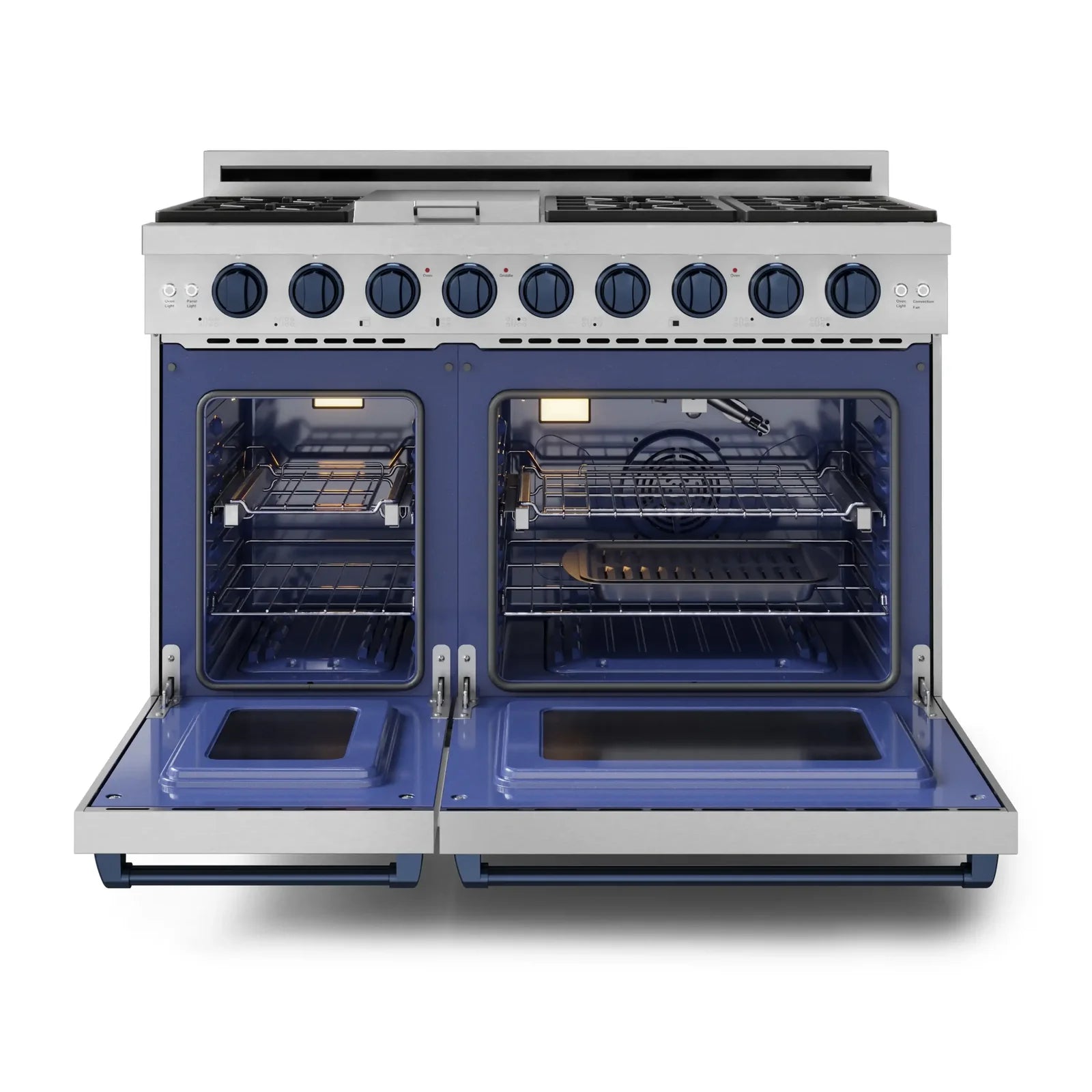 Thor Kitchen Gordon Ramsay Series 48-Inch Professional Liquid Propane/Gas Range with Double Oven in Stainless Steel with Blue Trim RSG48E-BLU/RSG48ELP-BLU