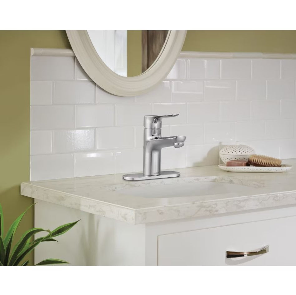 MOEN Tarvo Single Handle 4-inch Centerset/Single Hole Bathroom Sink Faucet/Tap with Deck Plate in Chrome (Drain and Valve Included) 84123