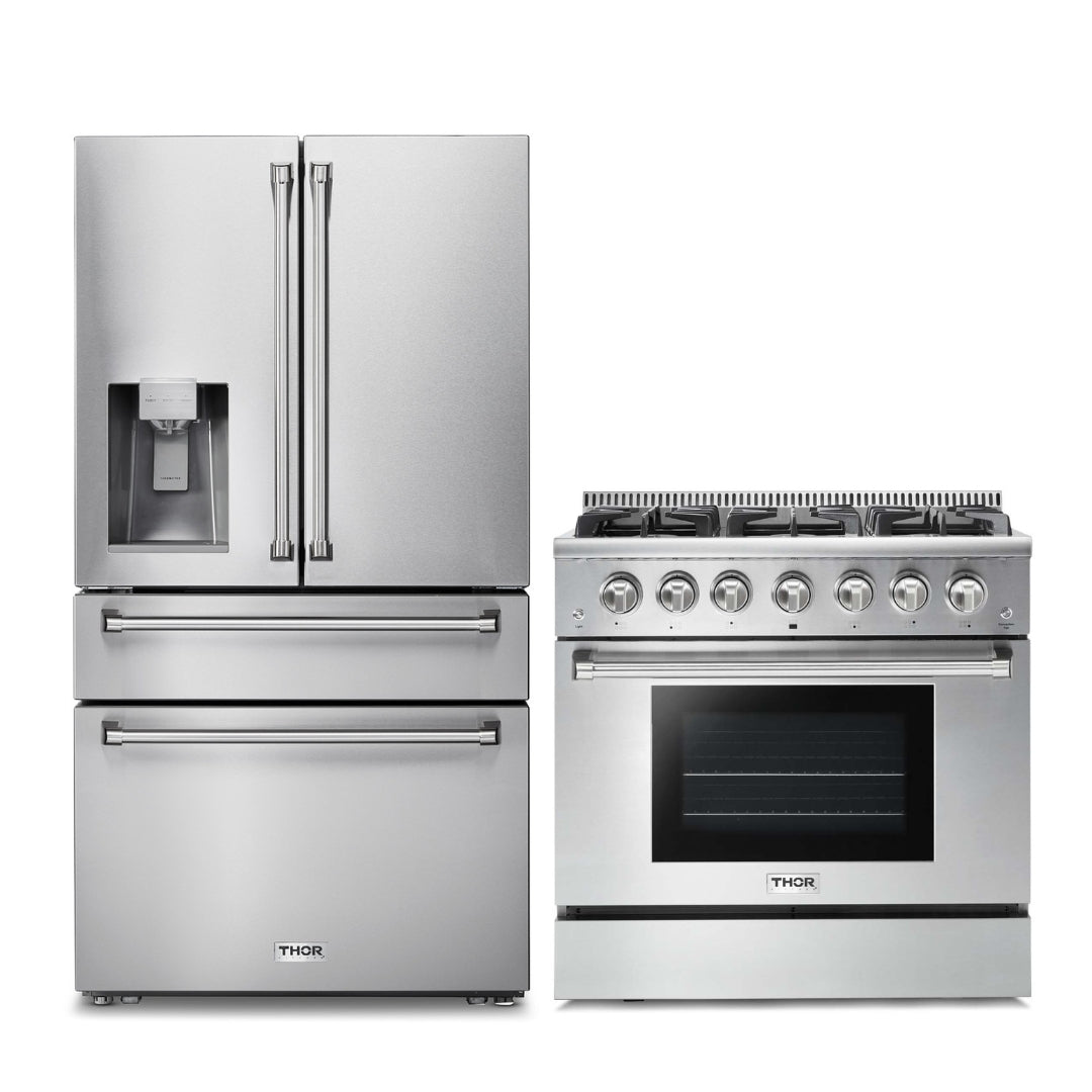 2-PC Thor Kitchen Bundle Set: 36" French Door Refrigerator + 36" Gas Range