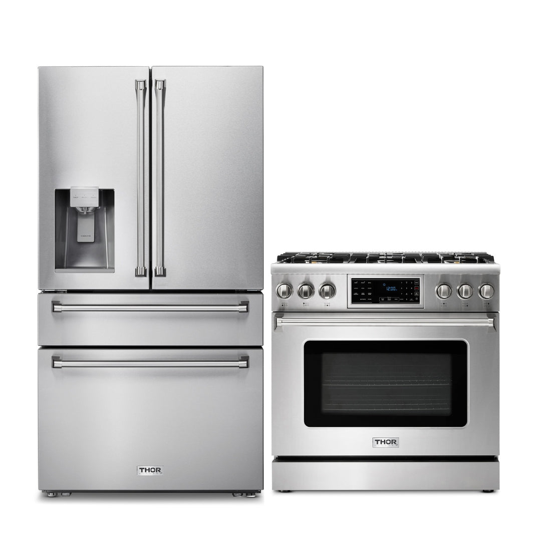 2-PC Thor Kitchen Bundle Set: 36" French Door Refrigerator + 36" Tilt Panel Gas Range