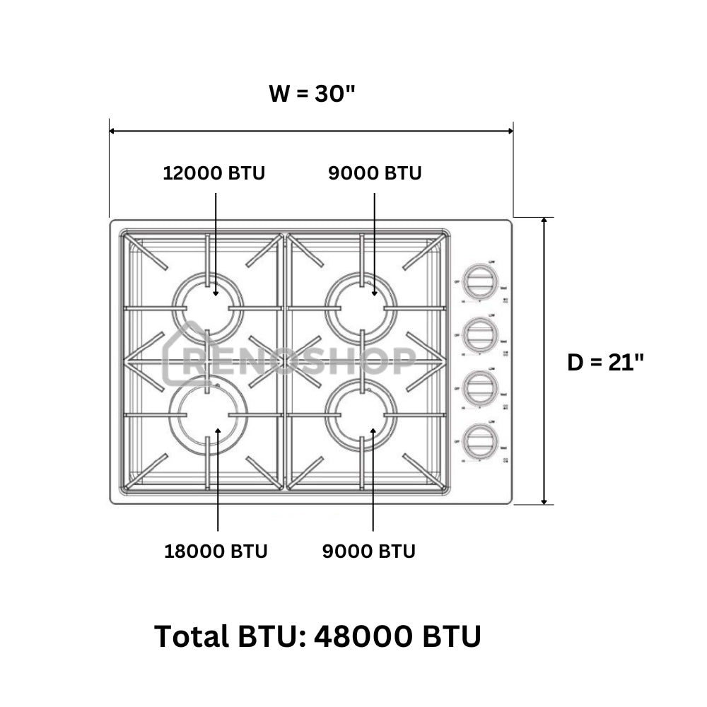 30" Professional 4 Burner Drop-In Stainless Steel Gas Cooktop LGC3001 48,000 BTU