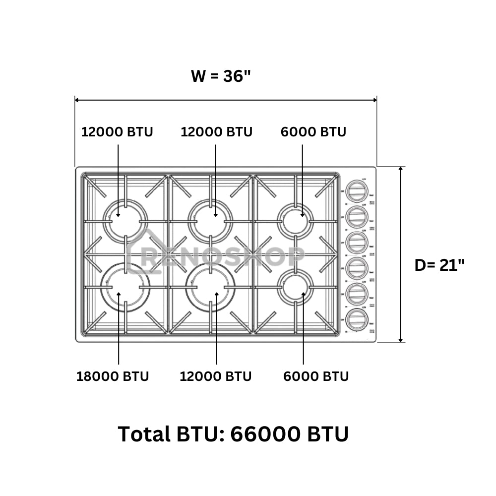 36" 6 Burner Drop-In Stainless Steel Gas Cooktop TGC3601