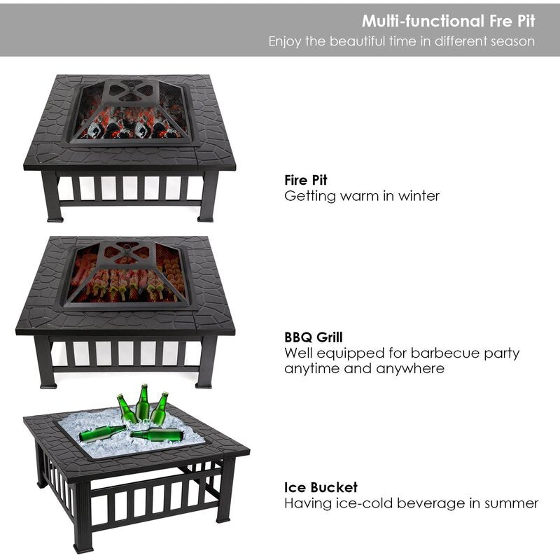 Crown Squared 32" Firepit, BBQ outdoor steel wood burning Fireplace