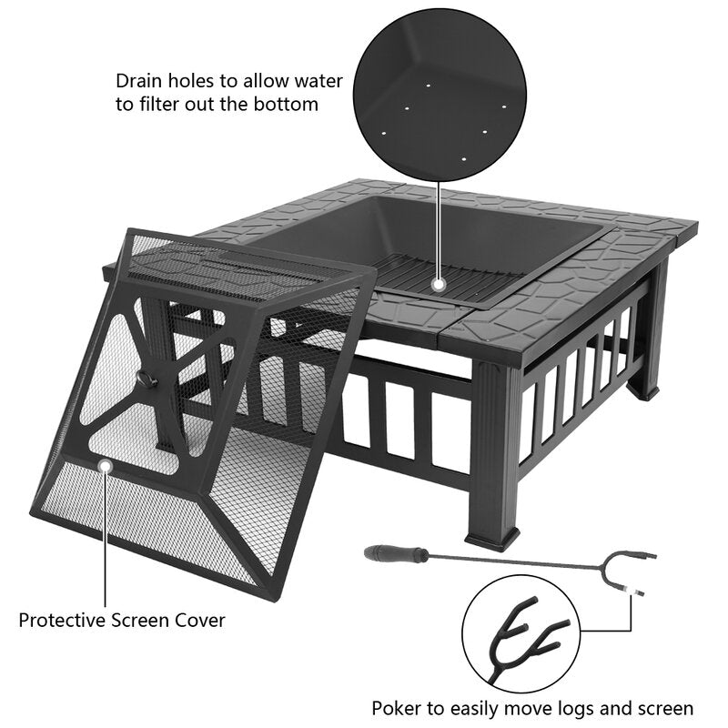 Crown Squared 32" Fire pit, BBQ outdoor steel wood burning Fireplace